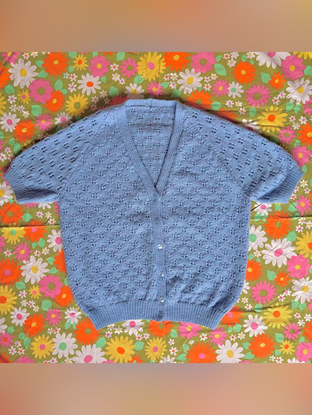 Vintage Hand Knit Short Sleeve V-Neck Pastel Cardigan